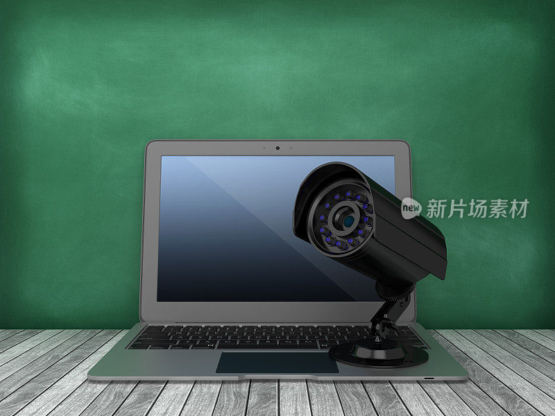 笔记本电脑与安全摄像头在黑板背景- 3D渲染